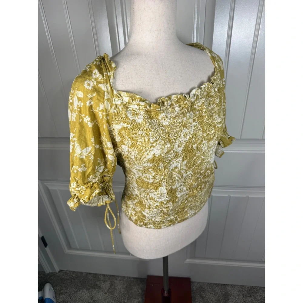 Anthropologie Floral Smocked Blouse Womens XL Yellow Cotton Boho Puff Sleeve Top